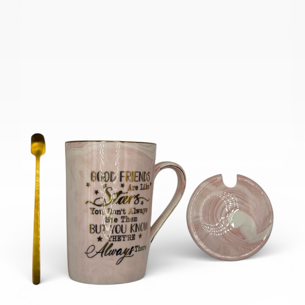 Sweet Life Good Friends Are Like Stars Coffee/Tea Mug Lidded w/Spoon - Pink Swir